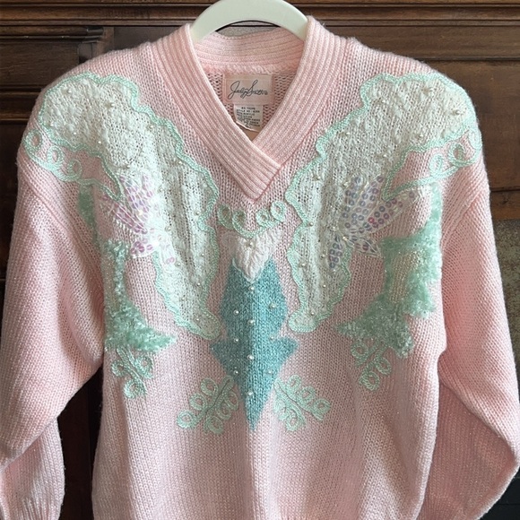 Vintage 1980s Pastel pink beachy mermaid grandma sweater mixed media artsy L - Picture 2 of 12